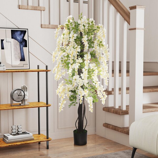 Outsunny Pianta Artificiale Glicine Bianco Finto con Vaso per Interni ed Esterni, Bianco e Verde Diametro 24 x 165cm|Aosom
