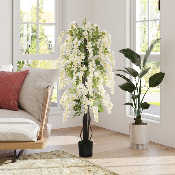 Outsunny Pianta Artificiale Glicine Bianco Finto con Vaso per Interni ed Esterni, Bianco e Verde Diametro 24 x 165cm|Aosom
