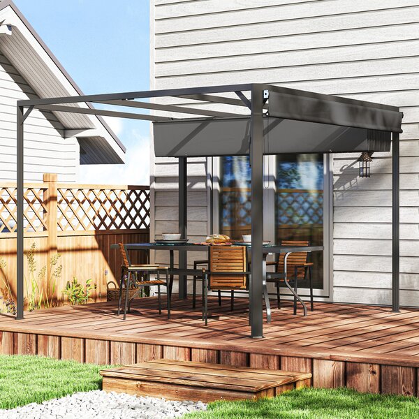 Outsunny Gazebo Pergola Retrattile 3x3 m con Tenda a Rullo e Fori di Drenaggio, in Acciaio e Poliestere Grigio Scuro