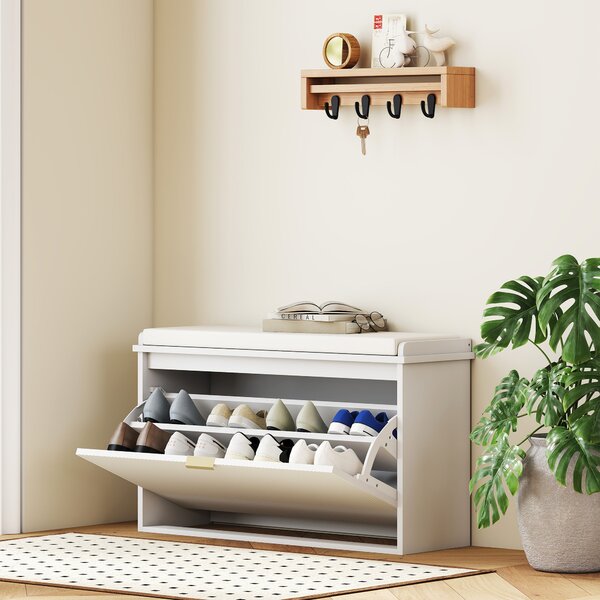 Panca Scarpiera con Ripiano Interno 80x26x47,5 cm in Legno e Tessuto Effetto Lino Bianca e Beige