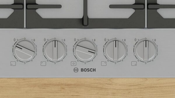 Bosch Piano Cottura 5 Fuochi a Gas 75 cm (1 Bruciatore Wok) in Ghisa colore Acciaio Inox - PCQ7A5I95 Serie 6