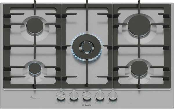 Bosch Piano Cottura 5 Fuochi a Gas 75 cm (1 Bruciatore Wok) in Ghisa colore Acciaio Inox - PCQ7A5I95 Serie 6