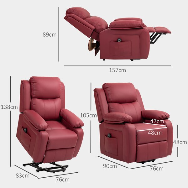 HOMCOM Poltrona Alzapersona Reclinabile da 45° a 160° con Poggiapiedi e Telecomando, Sedia in Pelle PU, 76x90x105 cm, Rosso | Aosom Italy