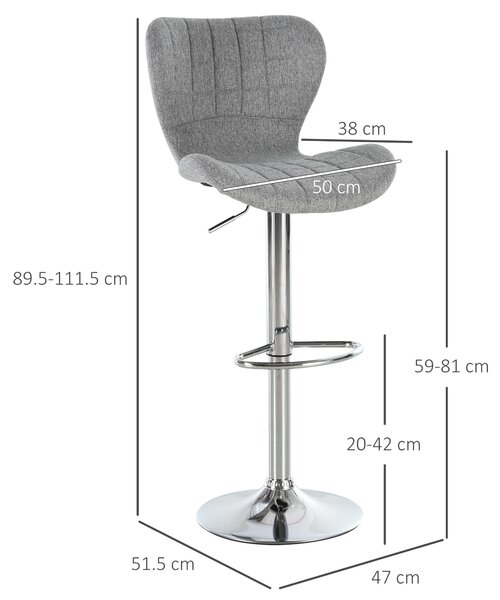 HOMCOM Set 2 Sgabelli Moderno da Bar con Schienale e Poggiapiedi, Altezza Regolabile, Telaio in metallo, tessuto in Tessuto, Grigio|Aosom Italy