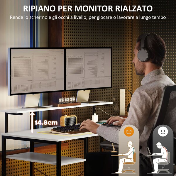 HOMCOM Scrivania Angolare con Presa Elettrica e USB, Scaffale e Supporto per Monitor, Bianco e Nero