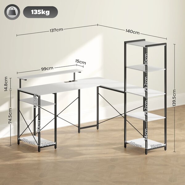 HOMCOM Scrivania Angolare con Presa Elettrica e USB, Scaffale e Supporto per Monitor, Bianco e Nero