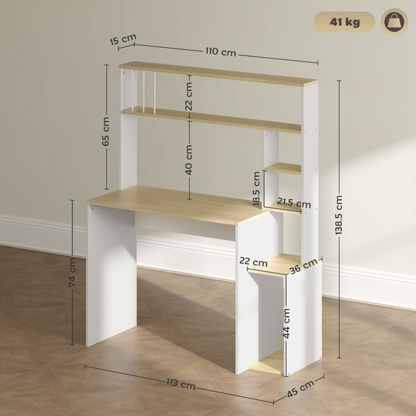 HOMCOM Scrivania Moderna per PC con Libreria, Scaffale e Porta CPU, 113x45x138.5 cm, Rovere