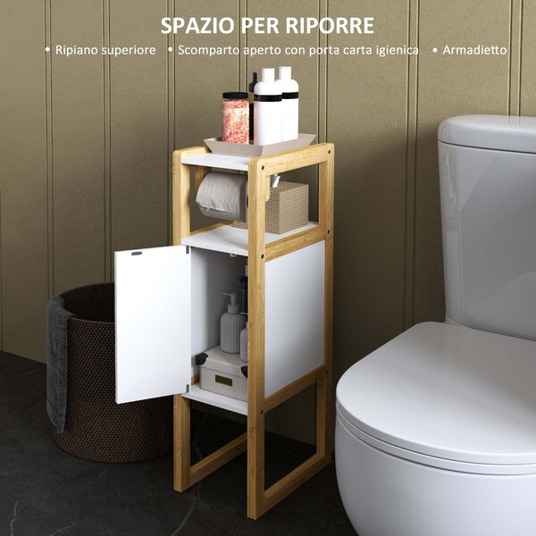 HOMCOM Mobile Bagno Salvaspazio con Porta Carta Igienica, Armadietto e Ripiano in Bambù, 20x33x80cm, Bianco