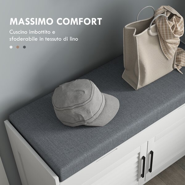 HOMCOM Panca Scarpiera con Ripiano Interno Regolabile su 3 Livelli, in MDF e Simil Lino, 90x36x50 cm, Bianco e Grigio