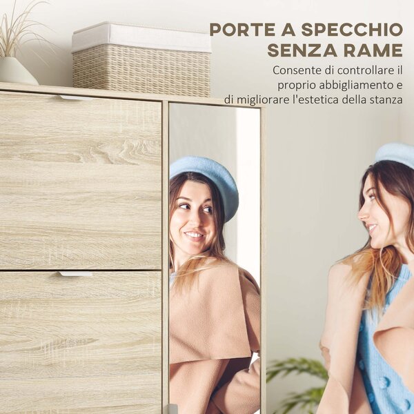 HOMCOM Scarpiera con Specchio per 16 Paia di Scarpe, 4 Cassetti a Ribalta e 2 Armadietti, 82x30x168cm, Rovere