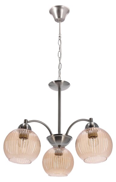 Lampada a sospensione con paralumi scanalati color ambra, modello Medina, finitura cromata-argento, 3xE27x60W, metallo, dimensioni: 72x45x45 cm, IP20, Candellux