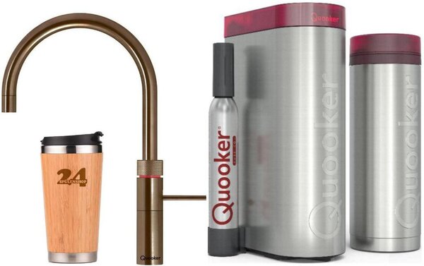 QUOOKER FUSION ROUND bocca fissa ottone patina VAQ PRO3 con CUBE 2 (3FRPTNCUBE) Rubinetto per acqua bollente a 100°C con sistema di acqua potabile Inclusa tazza termica