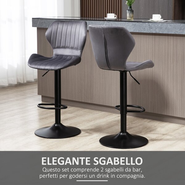HOMCOM Set di 2 Sgabelli da Bar Alti in Velluto Imbottiti con Altezza Regolabile , Sgabelli Cucina Girevoli con Schienale e Poggiapiedi Grigio|Aosom