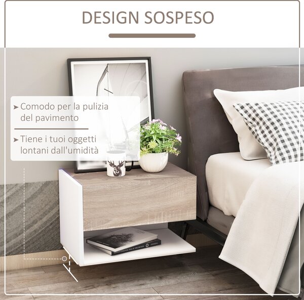 HOMCOM Set di 2 Comodini Sospesi a Parete con Cassetto e Mensola, Arredamento Moderno Camera da Letto, Bianco e Rovere|Aosom