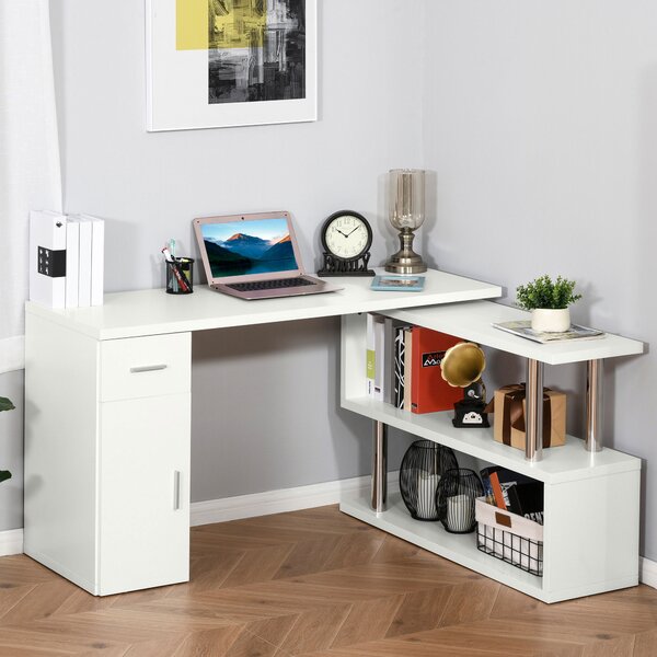 HOMCOM Scrivania Angolare Moderna in Legno con Cassetto, Scrivania ad Angolo con Armadietto e Mensole, Scrivania PC per Ufficio e Casa, Bianco