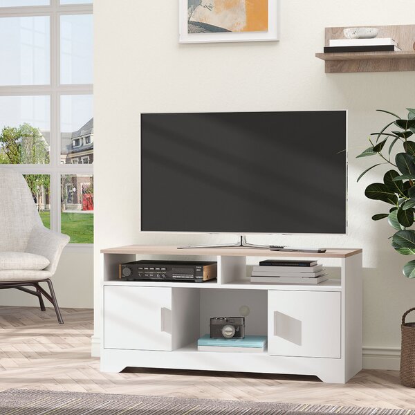HOMCOM Mobile TV con 3 Scomparti Aperti, 2 Armadietti e Piano d'Appoggio per TV fino a 42", in Truciolato, 105x40x52cm, Bianco e Legno|Aosom