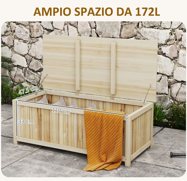 Outsunny Panca Contenitore da Giardino da 172L in Legno di Abete, 120x55x45cm, Colore Legno|Aosom