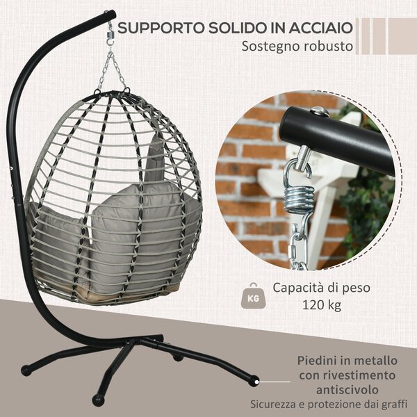 Outsunny Poltrona Sospesa con Cuscino Imbottito, Seduta Pieghevole e Struttura in Acciaio e Corda, Grigio|Aosom