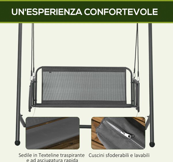 Outsunny Dondolo da Giardino 2 Posti con Cuscini e Tasche, in Acciaio e Textilene, 168x117x181 cm, Grigio Scuro|Aosom