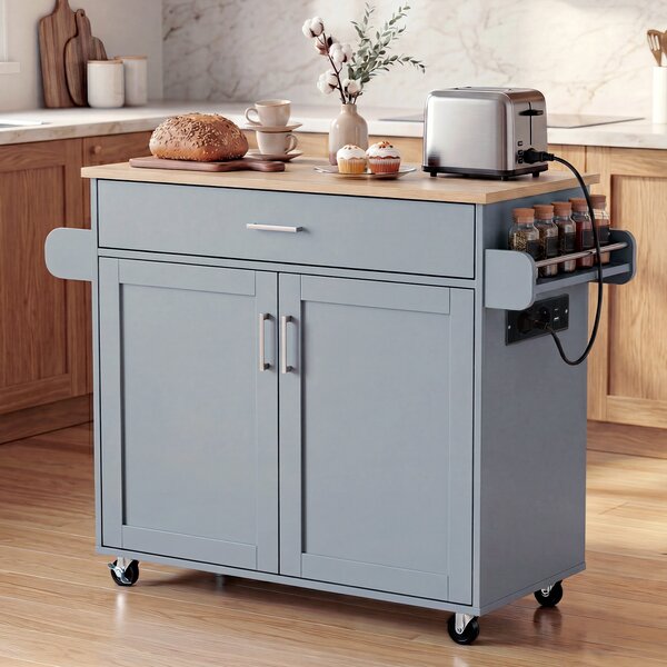 Costway Isola da cucina con mensola regolabile in 3 posizioni con ciabatta elettrica, Carrello da cucina con ruote di gomma Grigio