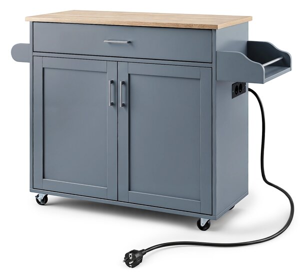 Costway Isola da cucina con mensola regolabile in 3 posizioni con ciabatta elettrica, Carrello da cucina con ruote di gomma Grigio