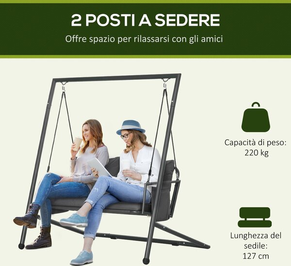 Outsunny Dondolo da Giardino 2 Posti con Cuscini e Tasche, in Acciaio e Textilene, 168x117x181 cm, Grigio Scuro|Aosom