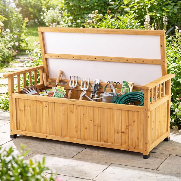 Costway 2 in 1 panchina con contenitore da giardino in legno di abete con braccioli, Baule da esterno a 2 posti fodera impermeabile per terrazzo e cortile