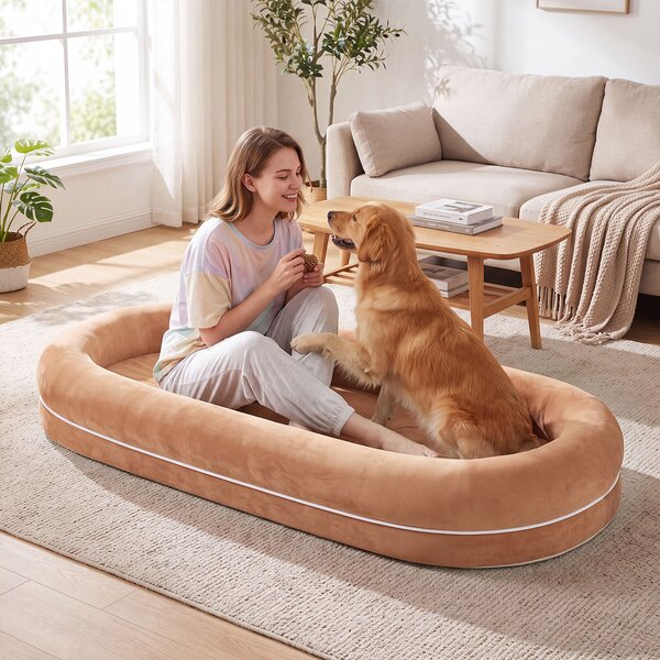 Costway Grande cuccia condiviso per cani e persone con base antiscivolo, Lettino per animali domestici in schiuma morbida Marrone