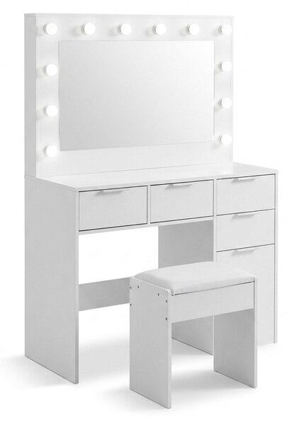 Tavolino da trucco Relaxdays, con specchio a LED e sgabello, tavolino da parrucco con 4 cassetti e ripiano, dimensioni 140x105x40 cm, tavolino per cosmetici, bianco