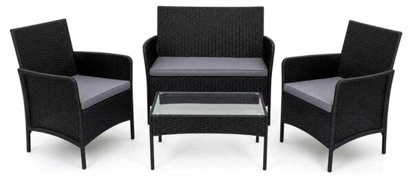 SET MOBILI DA GIARDINO 4 pezzi: 2 poltrone, divano, tavolo da terrazza in plastica nera
