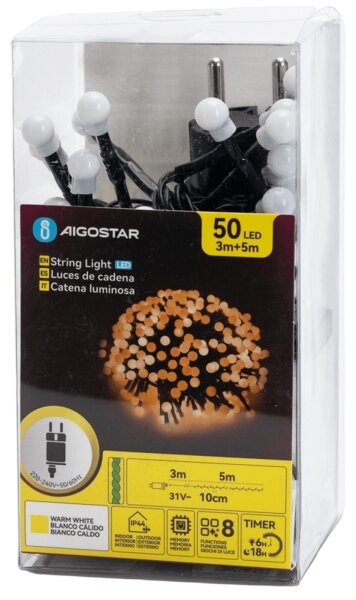 Aigostar - Catena luminosa natalizia a LED per esterni, 50 LED, 8 funzioni, 8 m, IP44, bianco caldo
