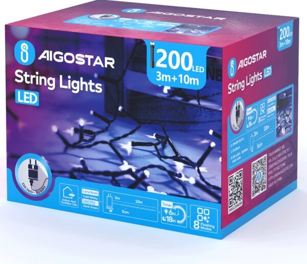 Aigostar - Catena LED natalizia da esterno 200xLED/8 funzioni 13m IP44 bianco freddo