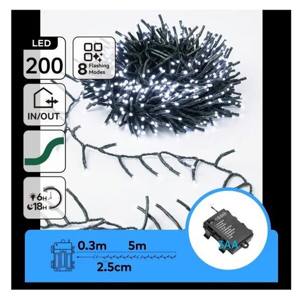 Aigostar - Catena luminosa natalizia a LED per esterni 200 LED / 8 funzioni 3xAA 5,3 m IP44 bianco freddo