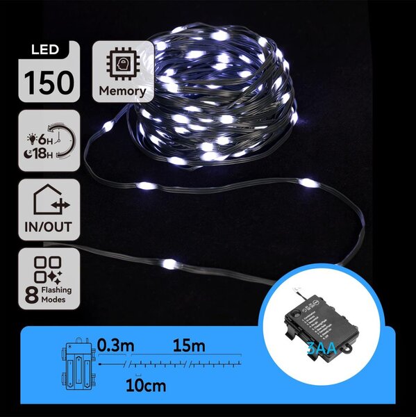 Aigostar - Catena LED esterna 150 LED, 8 funzioni, 15,3m, IP44, bianco freddo