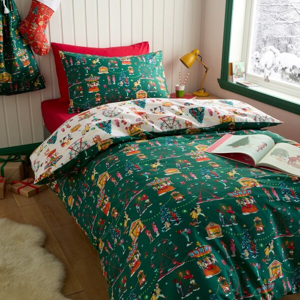 Set copripiumino e federa da bambini verde in cotone per letto matrimoniale 200x200 cm Christmas Fairground – Belle & Boo
