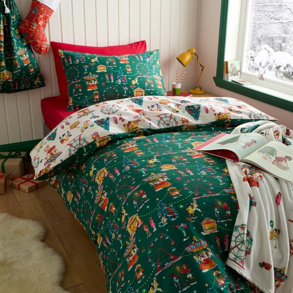 Set copripiumino e federa da bambini verde in cotone per letto matrimoniale 200x200 cm Christmas Fairground – Belle & Boo