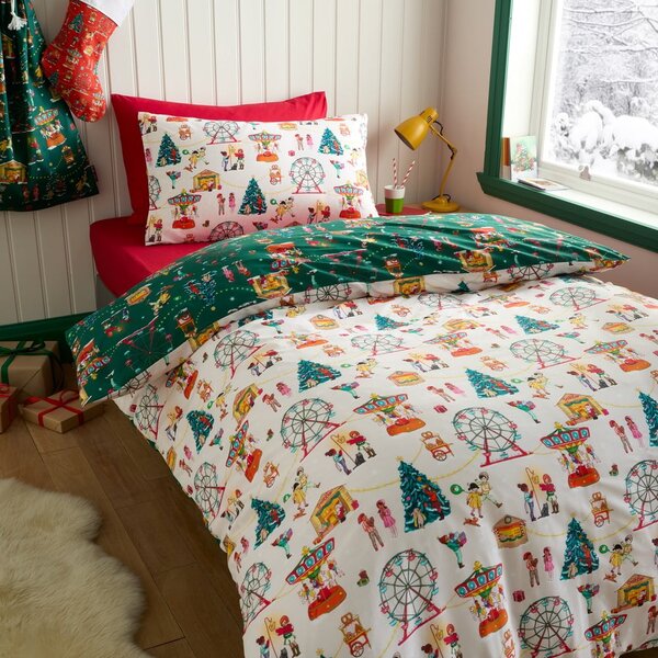 Set copripiumino e federa da bambini verde in cotone per letto matrimoniale 200x200 cm Christmas Fairground – Belle & Boo