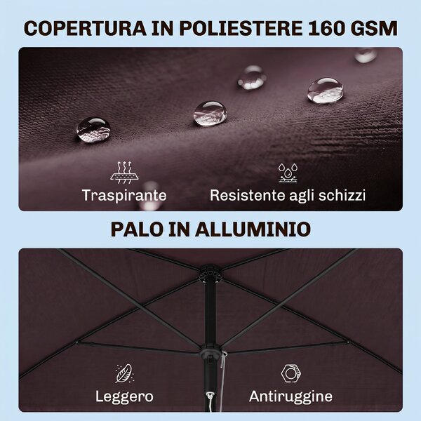 Outsunny Ombrellone Rettangolare Giardino, Inclinazione Regolabile, Palo Alluminio, 198x130x240cm, Marrone e Nero, Moderno|Aosom