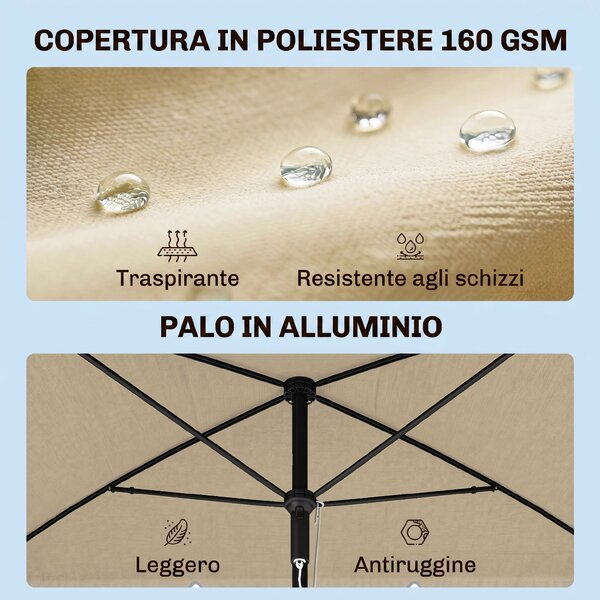 Outsunny Ombrellone da Giardino Rettangolare e Regolabile con Palo in Alluminio, 2x1.3x2.5 m, Beige