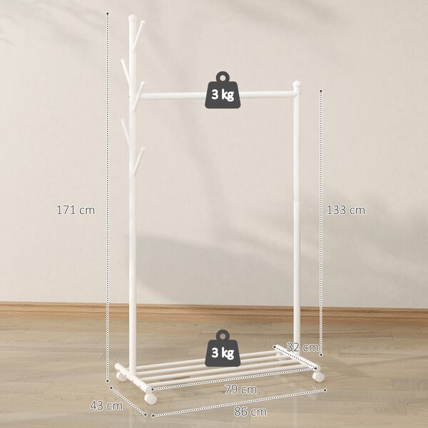 HOMCOM Appendiabiti da Terra con Ruote, 5 Ganci e Ripiano Inferiore Porta Scarpe, in Metallo, Portata 9 kg, Bianco | Aosom Italy