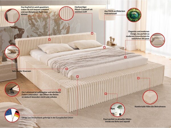 Letto matrimoniale imbottito beige con contenitore e rete inclusi 160x200 cm Cloe – Ropez