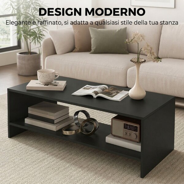 HOMCOM Tavolino da Caffè Moderno in Legno a 2 Livelli con Ripiano Aperto, 100x40x41.5 cm, Nero | Aosom Italy