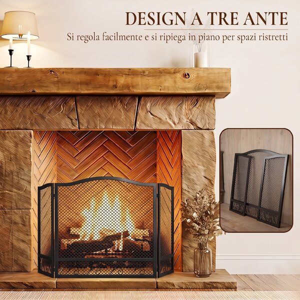 HOMCOM Parascintille Camino Pieghevole a 3 Pannelli in Metallo Verniciato, Pronto all'Uso, 107x1x60 cm, Nero | Aosom Italy