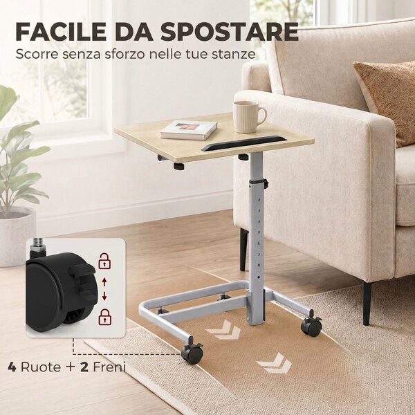 HOMCOM Tavolino Salotto ad Altezza Regolabile con 4 Ruote, in Legno e Metallo, 60x40x72-93.5 cm, Rovere | Aosom Italy