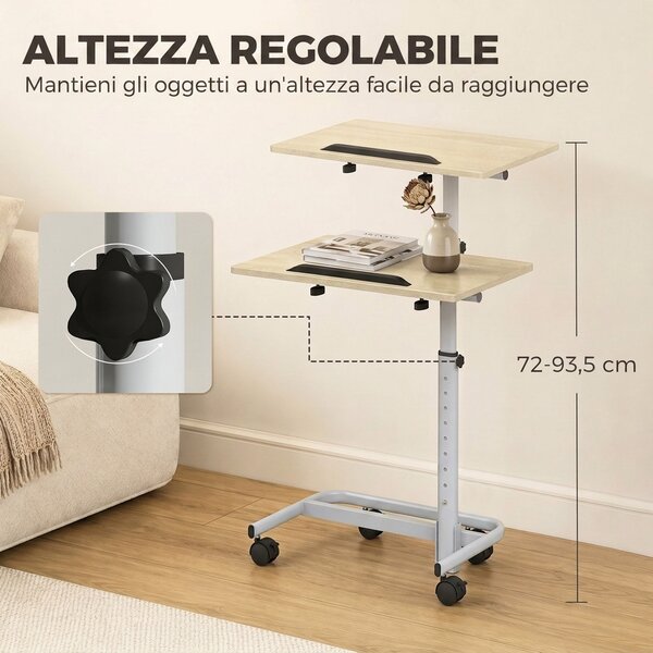 HOMCOM Tavolino Salotto ad Altezza Regolabile con 4 Ruote, in Legno e Metallo, 60x40x72-93.5 cm, Rovere | Aosom Italy