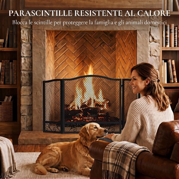 HOMCOM Parascintille Camino Pieghevole a 3 Pannelli in Metallo Verniciato, Pronto all'Uso, 107x1x60 cm, Nero | Aosom Italy