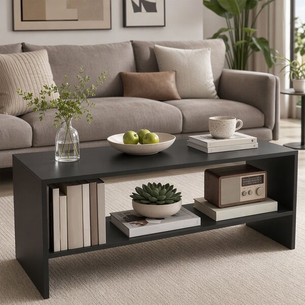 HOMCOM Tavolino da Caffè Moderno in Legno a 2 Livelli con Ripiano Aperto, 100x40x41.5 cm, Nero | Aosom Italy