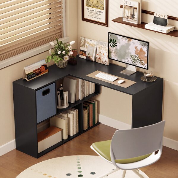 HOMCOM Scrivania Angolare Moderna con Scaffale e Cassetto in Tessuto, 110x100x75 cm, Nero | Aosom Italy