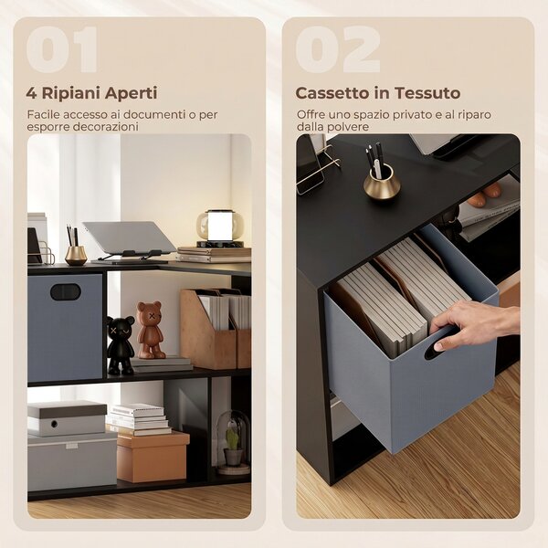 HOMCOM Scrivania Angolare Moderna con Scaffale e Cassetto in Tessuto, 110x100x75 cm, Nero | Aosom Italy