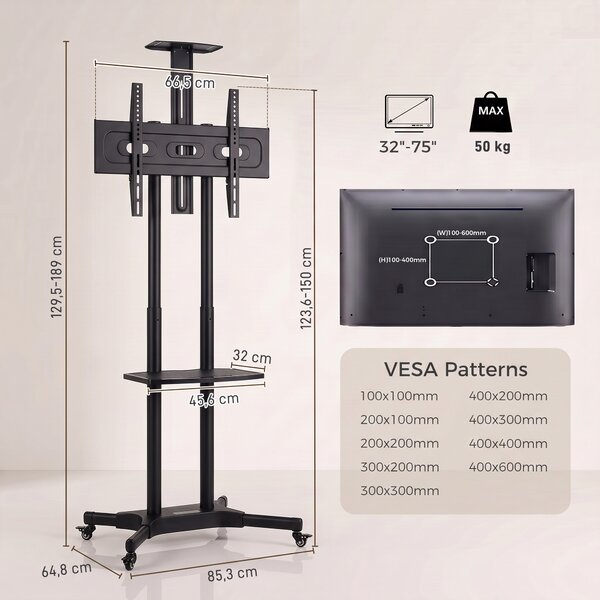 HOMCOM Carrello Porta TV Mobile Regolabile 32-75 Pollici, Nero | Aosom Italy